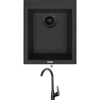 Granitový dřez Granitový dřez SET Sinks CUBE 410 černá edice + Deante NEO BORO BMO N62M černá matná