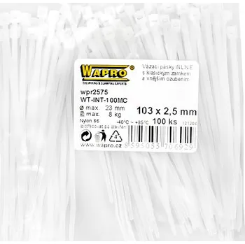 Stahovací páska WAPRO Stahovací pásky s klasickým zámkem a vnějším ozubením Šířka, délka a počet ks v bal.: 2,5 - 103 mm - 100 ks