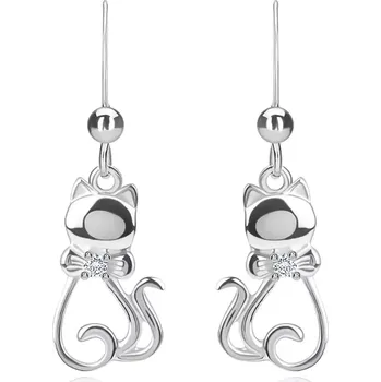 Náušnice Visací stříbrné náušnice 925 - sedící kočičí kontura, mašlička, čirý zirkon, afro háček