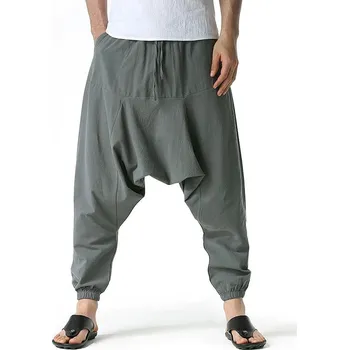 Pánské lněné kalhoty baggy s nízkým sedem Barva: Šedá, Velikost: S