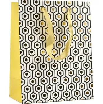 Dárková taška Taška dárková papírová, bílozlatý motiv, šestihran, 18 x 23 x 10 cm