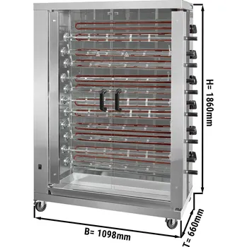 Kuchyňský gril G.Gastro Elektrický gril na kuřata ECO s 11 rožni pro 66 kuřat - 1098 x 660 x 1860 mm