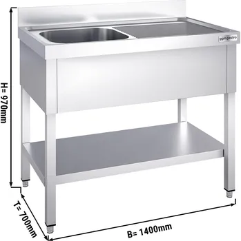 Nerezový dřez G.Gastro Mycí stůl PREMIUM z nerezové oceli - se spodní policí - 1,4 m - 1 dřez vlevo - D 60 x Š 50 x H 30 cm