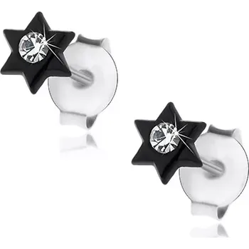 Náušnice Puzetové náušnice, stříbro 925, černá lesklá hvězdička, krystalek čiré barvy