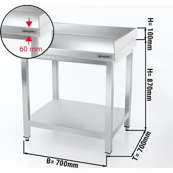 Jídelní stůl G.Gastro Pracovní stůl PREMIUM z nerezové oceli - 0,7 m - se spodní policí & obkladovým panelem vzadu + vpravo
