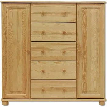 Ložnice Dřevěná masivní komoda BM125 5 šuplíků+2 dvířka 118x122x47 cm NELAKOVANÁ