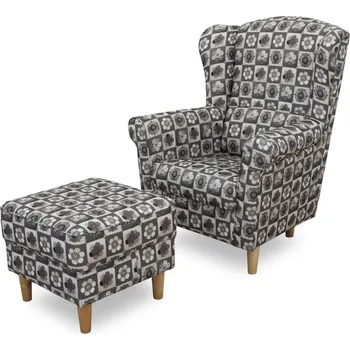 Křeslo Křeslo ušák s taburetem Astrid látka patchwork N1