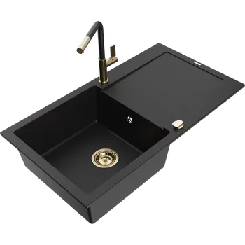 Granitový dřez Mexen Leo granitový dřez 1-komorový s odkapávačem a kuchyňskou baterií Flora, černý - 6501-77-670401-57-G Granitové dřezy s baterií