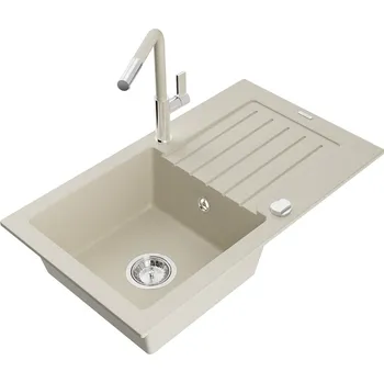 Kuchyňský dřez Mexen Pablo 1miskový granit dřez s odkapem a baterií Flora, béžová 6510-69-670401-09