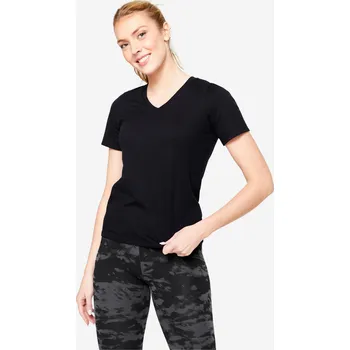 DOMYOS Dámské fitness tričko s výstřihem do V S ČERNÁ