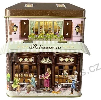 PATISSERIE hnědá plechová dóza domeček s markýzou Cukrárna