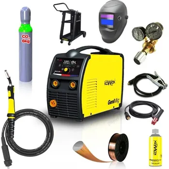 Svářečka Kowax Genimig 220 LCD + Hořák + Kabely + Red. Ventil + Kukla + Drát + Sprej + Vozík + Redukce + plná Láhev Co2
