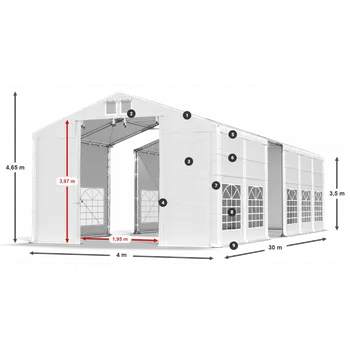 Zahradní stan Párty stan 4x30x3,5m střecha PVC 620g/m2 boky PVC 620g/m2 konstrukce ZIMA PLUS Bílá Bílá Šedá