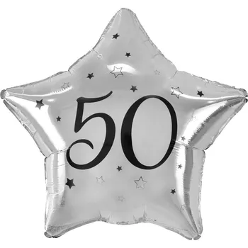 Fóliový balónek Číslo 50 stříbrná hvězda, černý potisk, 19 palců