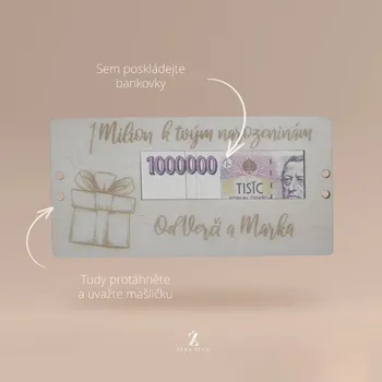 MILION DÁREK Dřevěné přání k narozeninám s věnováním 21 x 10 cm