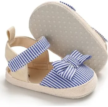 Dětská sálová obuv Capáčky - bavlněné proužkované s mašličkou Barva: modrá, Stélka: 11 cm (0-6m)
