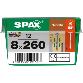 Vrut SPAX Vrut 8x260, HI.FORCE, talířová hlava, T-STAR plus, WIROX, 12 ks (L)