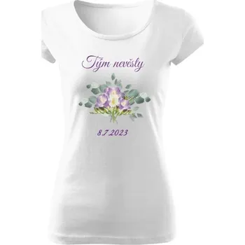 Dámské tričko Tričko s potiskem Tričko - Tým nevěsty - fialové žluté květy a datum dámské