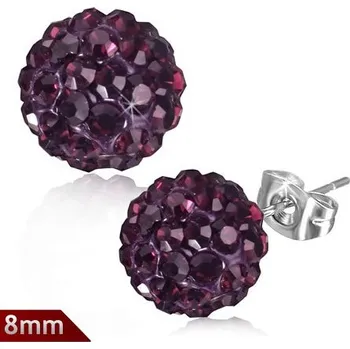 Náušnice 8mm – Fialová kulička s kamínky - Disco Ball