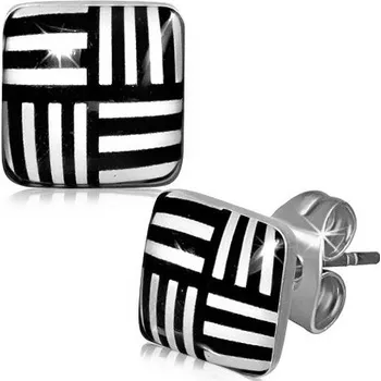 Náušnice Puzetové náušnice – černé čtverce s bílými pruhy