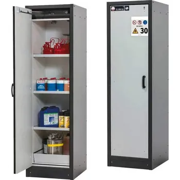 Bezpečnostní skříň na chemikálie 30 min., 3 police + vana, š. 564 mm, dveře šedé