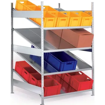 Dílenský regál Jednostranný spádový regál CLIP, v x š x h: 2000 x 1000 x 1228 mm, 4 police, nosnost 200 kg, základní