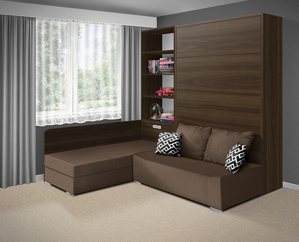 Nabytekmorava Motorová sklápěcí postel s pohovkou VS 21066 180x200 cm barevné kombinace: Ořech / dveře ořech, barva pohovky: Savana hnědá