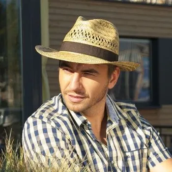 Klobouk Pánský slaměný klobouk s krempou nahoru a stuhou vel. 56