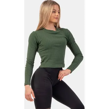 NEBBIA Žebrované tričko s dlouhým rukávem z organické bavlny zelená S