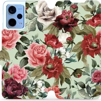 Pouzdro na mobilní telefon Flipové pouzdro Mobiwear - Xiaomi Redmi Note 12 5G - MD06P Růže a květy na světle zelené (Knížkové flip pouzdro, obal, kryt na mobil Xiaomi Redmi Note 12 5G - MD06P Růže a květy na světle zelené, materiál Umělá kůže + TPU - ochrana 360°, stojánek,)