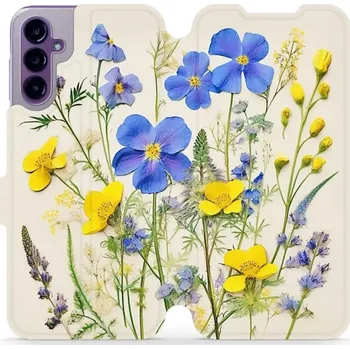 Pouzdro na mobilní telefon Flipové pouzdro Mobiwear - Samsung Galaxy A14 5G / LTE - VP41S Modré a žluté kvítky (Knížkové flip pouzdro, obal, kryt na mobil Samsung Galaxy A14 5G / LTE - VP41S Modré a žluté kvítky, materiál Umělá kůže + TPU - ochrana 360°, stojánek, silikonová vaničk