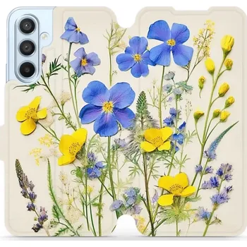 Pouzdro na mobilní telefon Flipové pouzdro Mobiwear - Samsung Galaxy A54 5G - VP41S Modré a žluté kvítky (Knížkové flip pouzdro, obal, kryt na mobil Samsung Galaxy A54 5G - VP41S Modré a žluté kvítky, materiál Umělá kůže + TPU - ochrana 360°, stojánek, silikonová vanička, magnetick