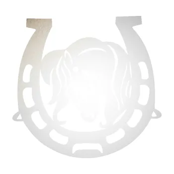 Samolepící dekorace SAMOLEPKA Koňská podkova 004 levá s koníkem (82 - odrazková reflexní bílá) NA AUTO, NÁLEPKA, FÓLIE, POLEP, TUNING, VLASTNÍ TEXT, TISK, AUTOSAMOLEPKY.cz, POLEPY, OBRÁZEK, LOGO, SAMOLEPKY