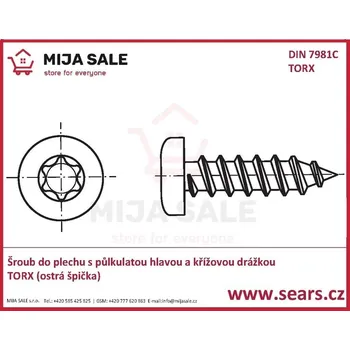 Šroub DIN 7981C - P 2,9x 9,5 - TORX - zinek- Šroub do plechu s půlk.hlav.a kříž.dr. ostrá špičk