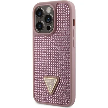 Pouzdro na mobilní telefon Pouzdro Guess (GUHCP14LHDGTPP) Rhinestones Triangle Metal Logo pro Apple iPhone 14 Pro růžové
