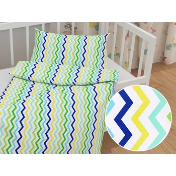 Povlečení Dětské bavlněné povlečení do postýlky Sandra SA-378 Zeleno-modro-žluté cik-cak proužky Do postýlky 90x130 a 40x60 cm