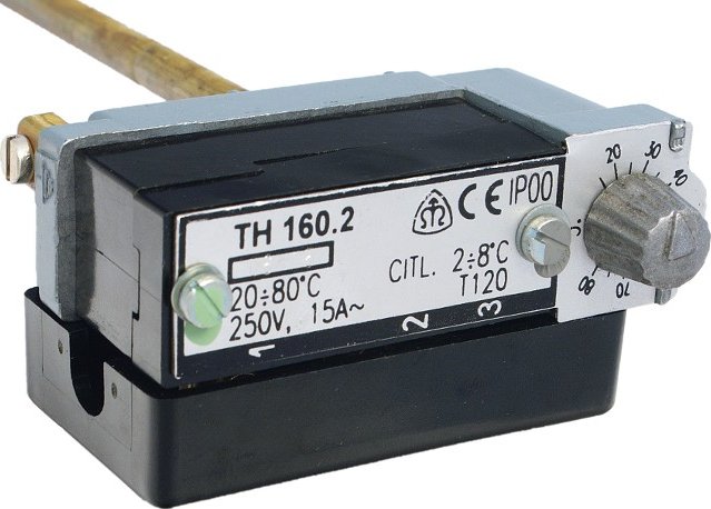 APATOR METRA s.r.o. termostat TH 165 +20/+200°C, stonek 160mm, 250V 15A AC, pevně nastavená teplota