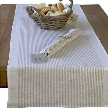 ubrus H&D Běhoun, 45x150 cm, len a bavlna, pruh béžová