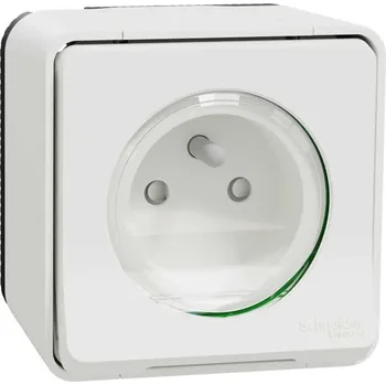 vypínač MUR39030 Zásuvka 16A 2P+E, clonky, kompletní, bezšroubová, IP55, povrchová, bílá, Schneider
