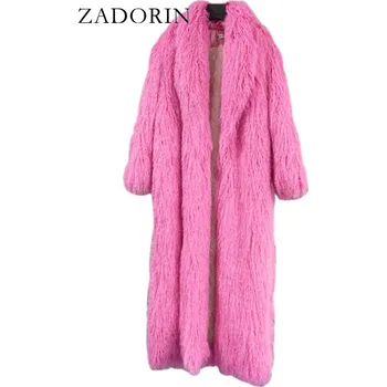 Dámský kabát Dlouhý kožešinový kabát kožich chlupatý s límcem Barva: Světle Růžová, Velikost: M