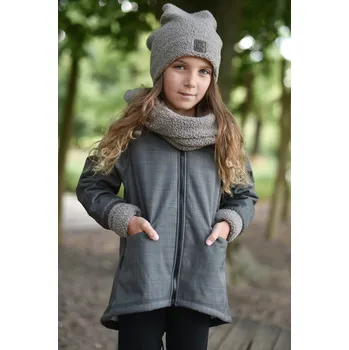 Kojenecká bunda šedý softshellový kabátek s kapucí a šálou