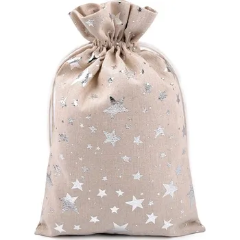 Dárkový pytlík hvězdy metalické 20x30 cm lněný, barva 1 režná stříbrná