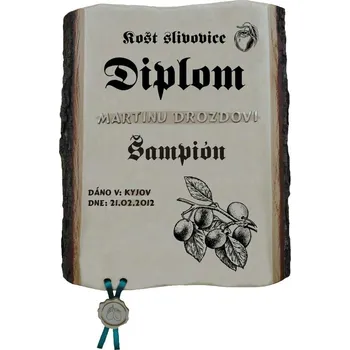 Diplom 774 košt slivovice na desce s kůrou 3D