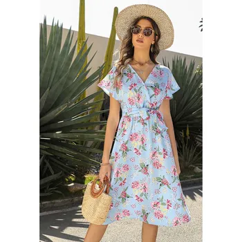 Dámské šaty Květované šaty s krátkými rukávy zavinovacího střihu Barva: Nebeská, Velikost: XL