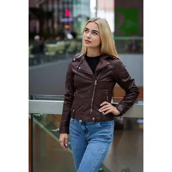 Dámská casual bunda Dámský hnědý kožený křivák FAYE Velikost XS