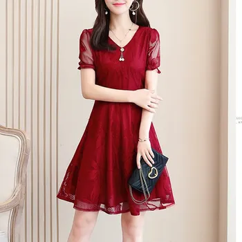 Dámské šaty Čína Elegantní společenské šaty s dvojvrstvým efektem a vyšívanými květy Barva: vínová (Short Claret-A), Velikost: XXL