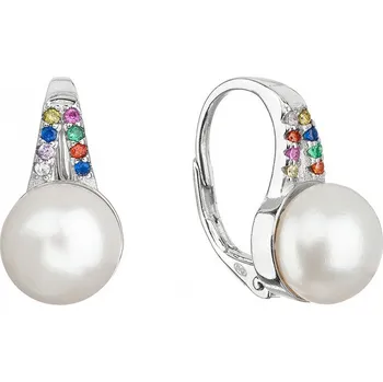 Náušnice Stříbrné náušnice visací s bílou říční perlou a multi zirkony 21070.3 multi