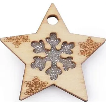 Vánoční ozdoba Dřevěná hvězda, 50mm, vločka s glitry k zavěšení