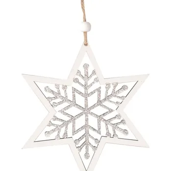 Vánoční dekorace Hvězda s vločkou dřevěná na zavěšení 15 cm, bílá 5592