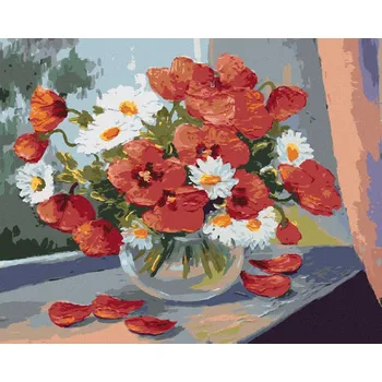 Hračka Diamondi Diamantové malování - KOPRETINY A VLČÍ MÁKY NA OKNĚ Rozměr: 40x50 cm, Rámování: vypnuté plátno na rám